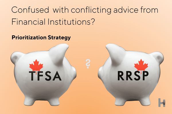 A TFSA piggy bank and an RRSP piggy bank with a question mark between them, representing the choice of a financial prioritization strategy."