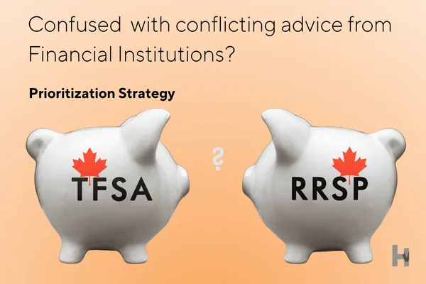 A TFSA piggy bank and an RRSP piggy bank with a question mark between them, representing the choice of a financial prioritization strategy."